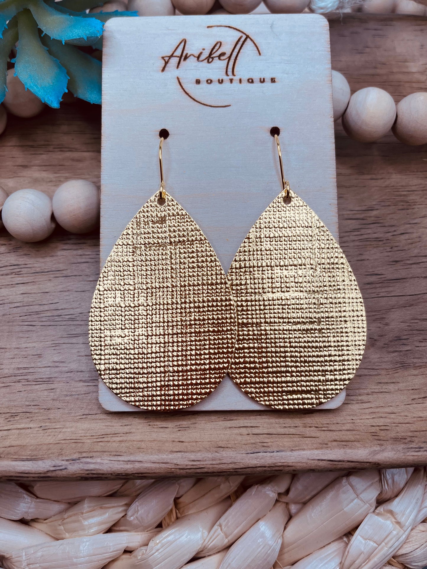 Gold leather TearDrop Earring