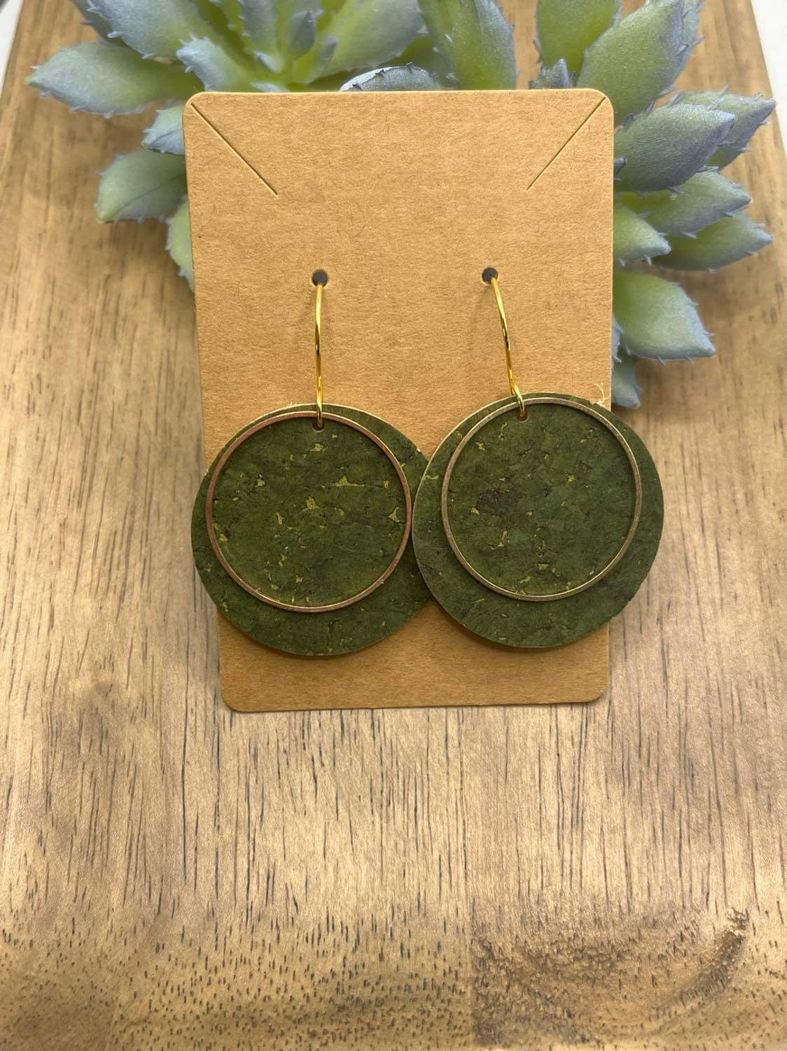 Dark Olive Cork on Leather Earring